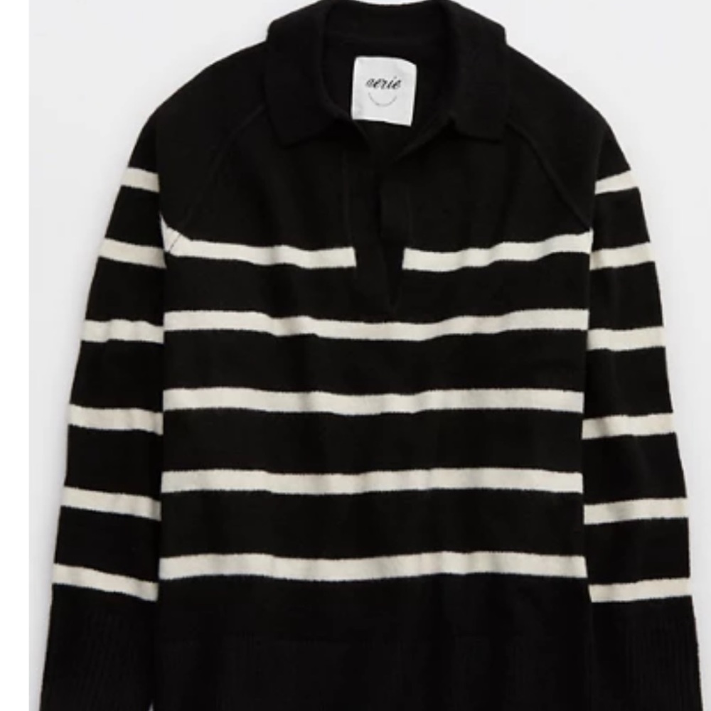 Aerie UNREAL Women's Black and Cream Striped polo Sweater